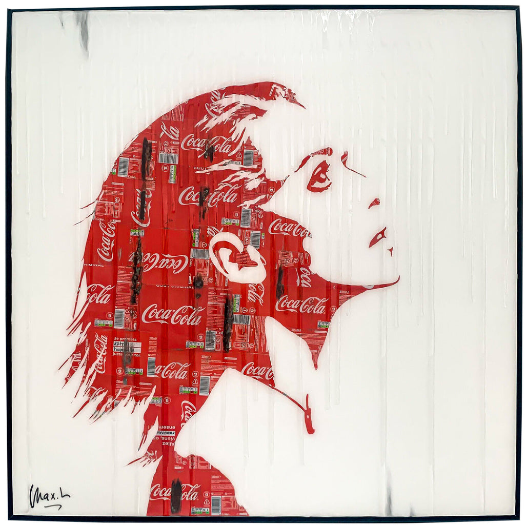 Winona, tableau pop art de MaxL en canettes recyclées et résine, vue de face